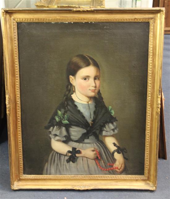 19th Century French School Portrait of a girl holding a coral bead rosary 25.5 x 21in.